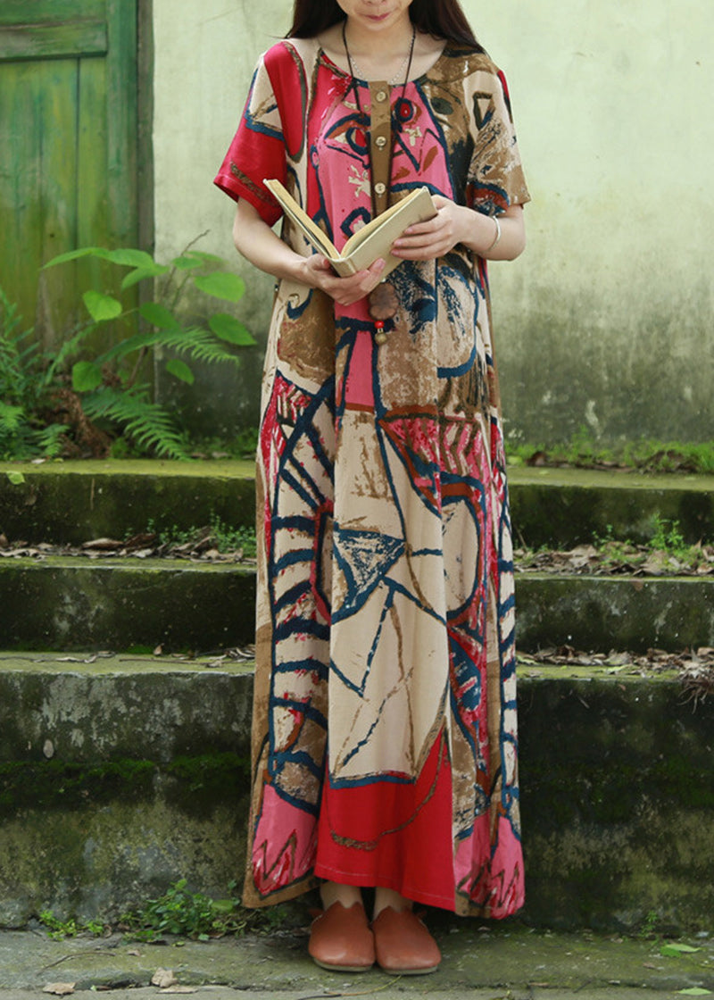 Pink O-neck Print Cotton Long Dress Short Sleeve