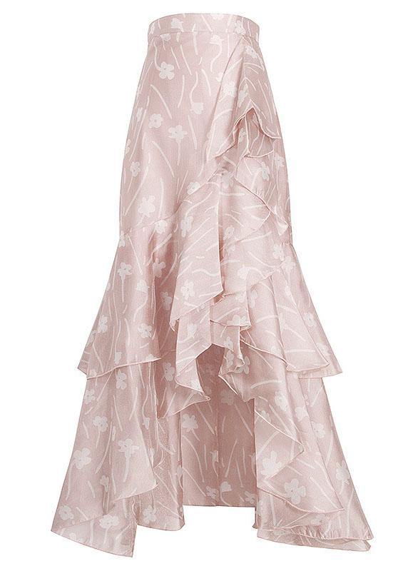 Pink Print Ruffles Asymmetrical Design Mermaid Skirt