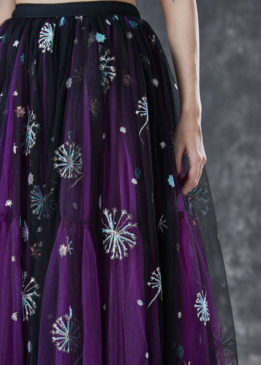 Purple Dandelion Embroideried Wear on Both Sides Tulle Skirt Summer