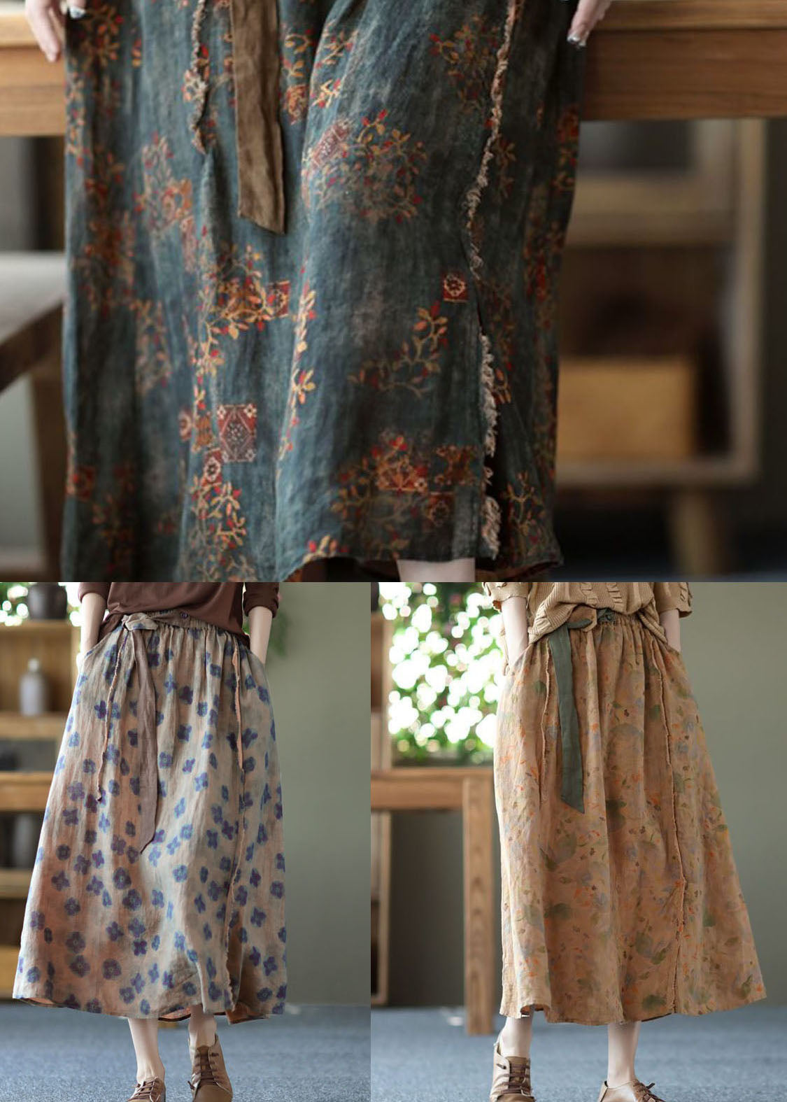 Purple Wrinkled Pocketsprint Linen Skirt Summer