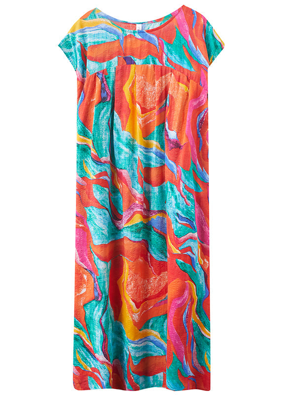 Red O-neck Patchwork Print Linen Beach Long Dresses Short Sleeve