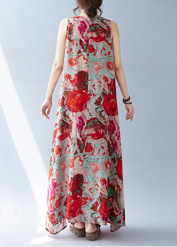 Red Oversized Print Cotton Holiday Dress Sleeveless
