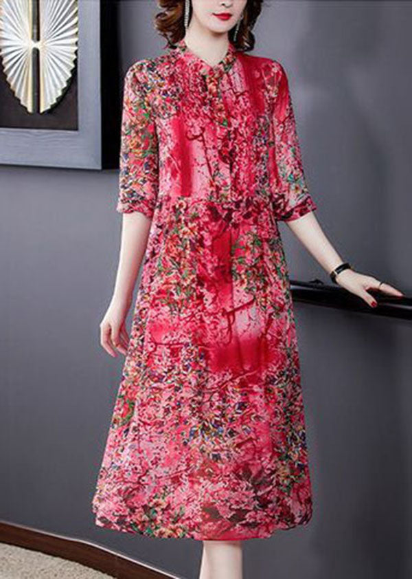 Red Stand Collar Print Wrinkled Chiffon Vacation Dresses Half Sleeve