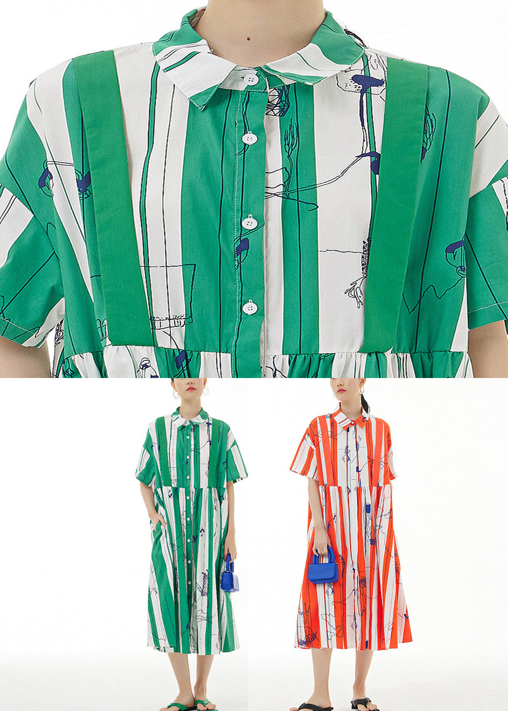 Red Striped Peter Pan Collar Print Cotton Maxi Shirt Dress Summer
