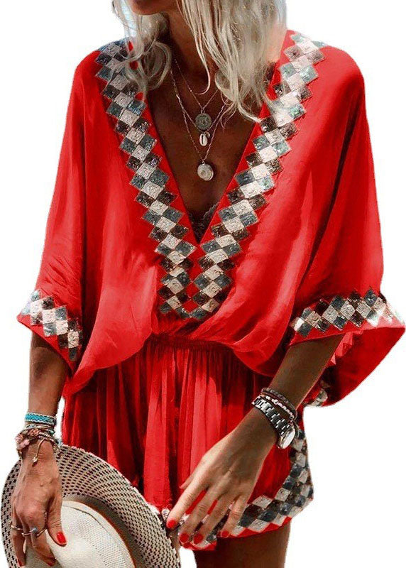 Red V Neck Wrinkled Elastic Waist Print Mid Dress Half Sleeve