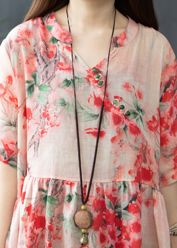 Red V Neck Wrinkled Patchwork Linen Dresses Short Sleeve