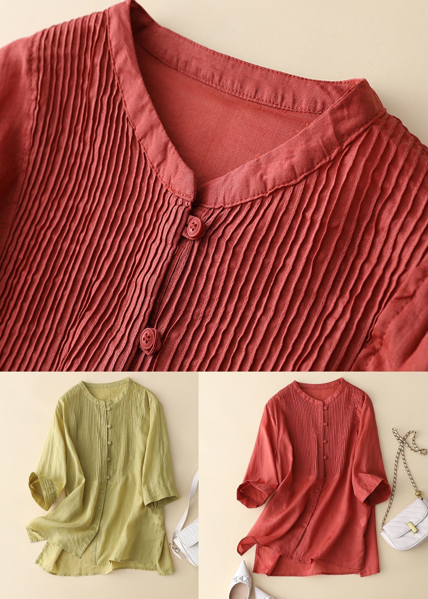 Red Wrinkled Patchwork Linen Shirt Tops Bracelet Sleeve