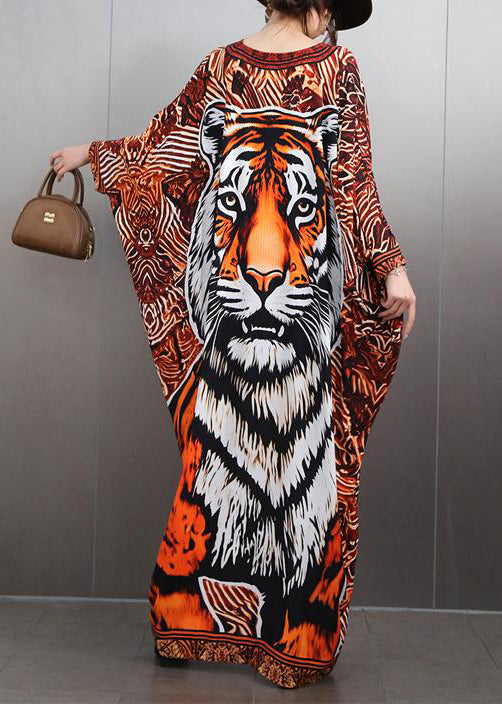 V Neck Animal Print Maxi Dresses Batwing Sleeve