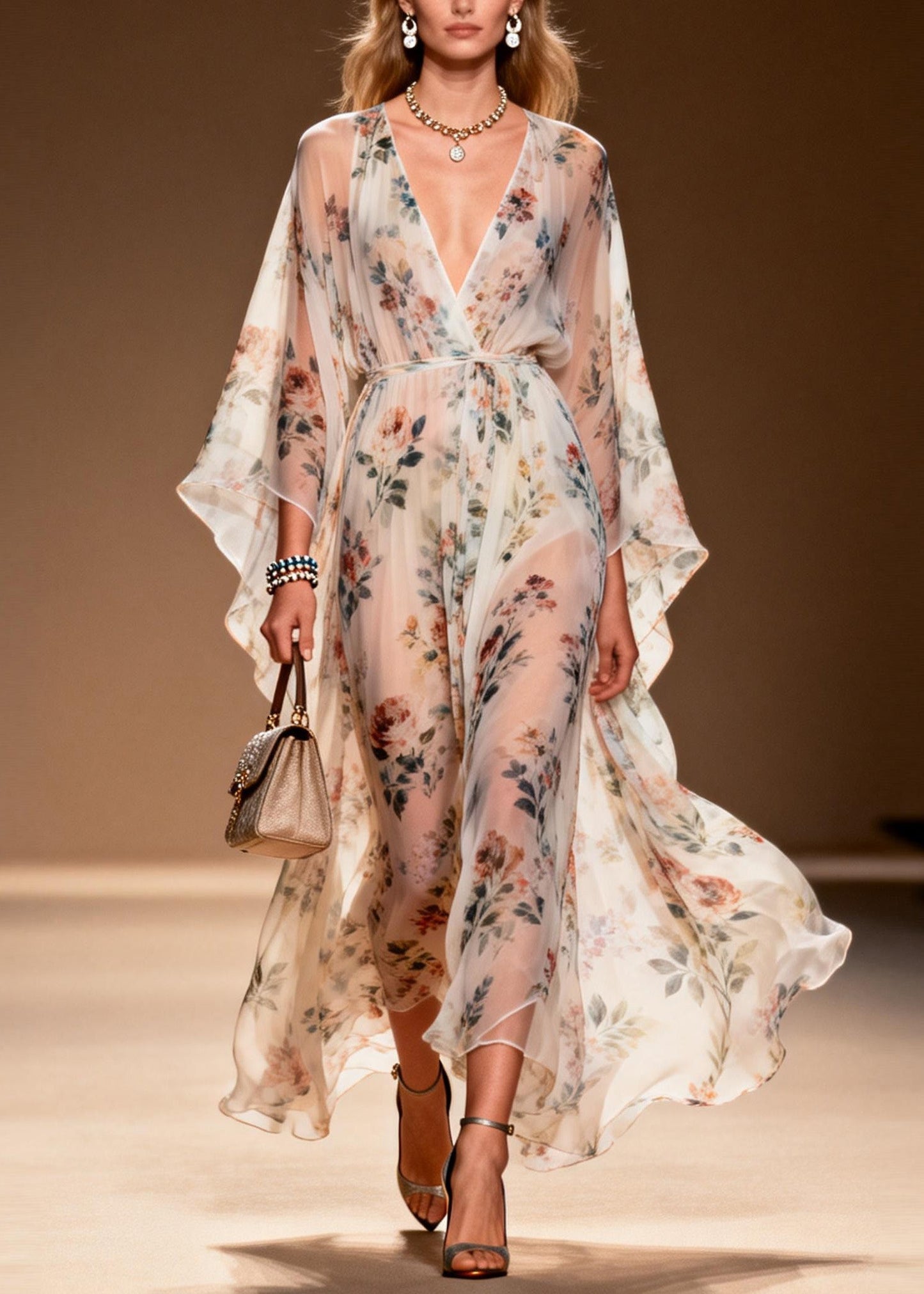 V Neck Print Chiffon Long Dresses Summer