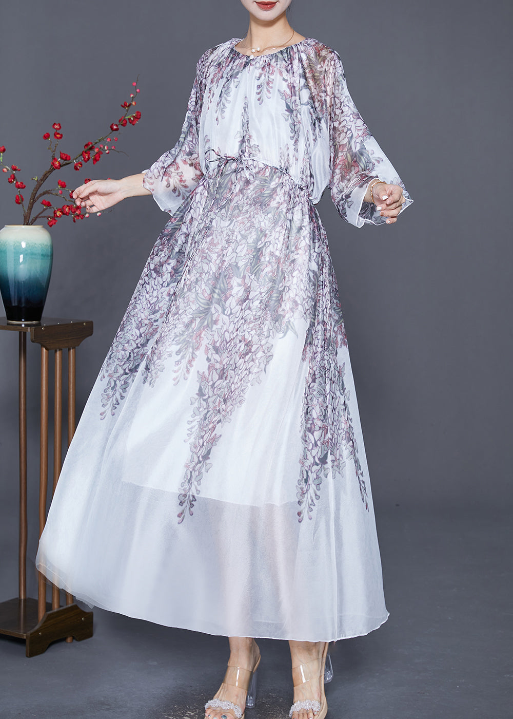 White Cinched Print Silk Long Dress Summer