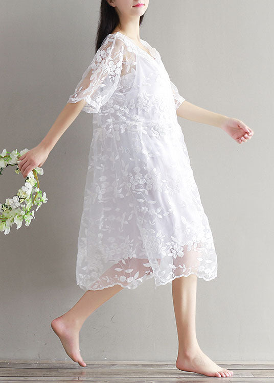 White Embroideried Lace Patchwork Tulle Mid Dress Summer