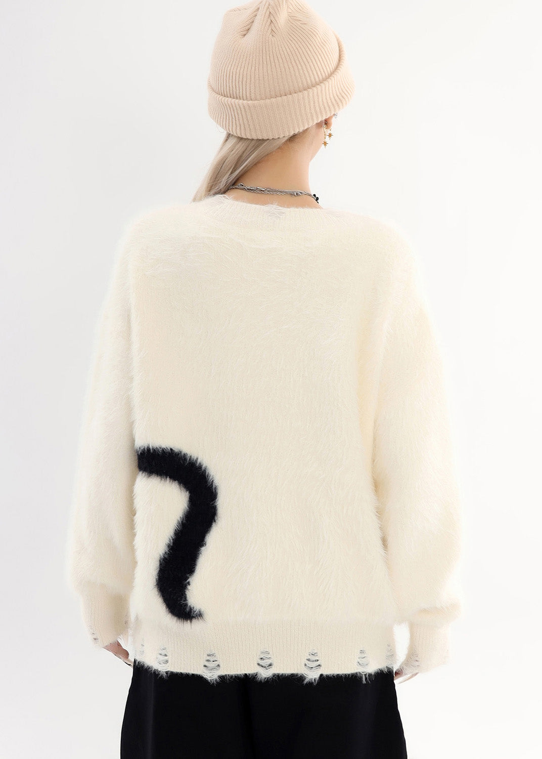 White Oversized Cat Cozy Hole Sweater Tops Winter