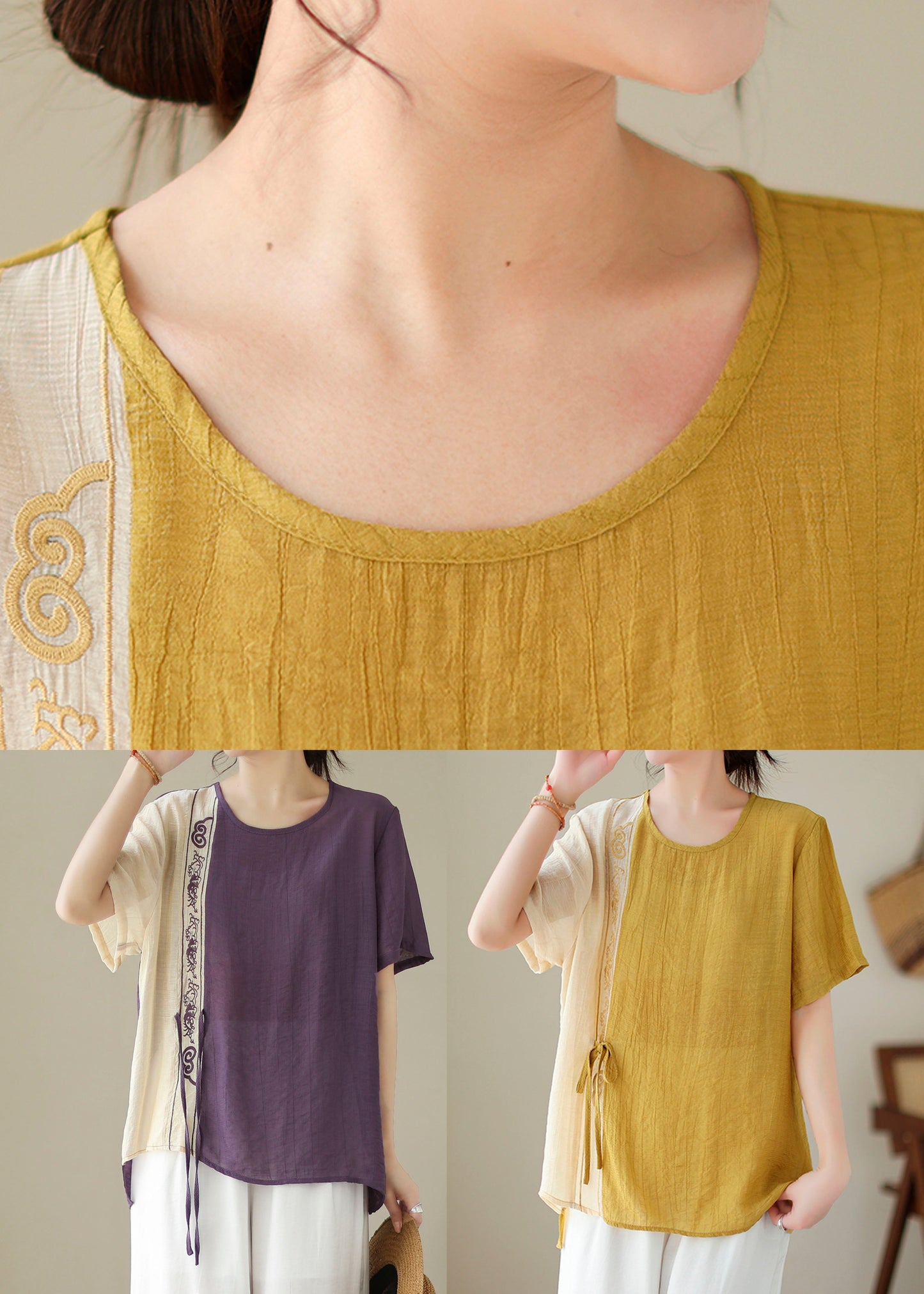 Yellow Embroideried Patchwork Cotton Shirt Top Summer