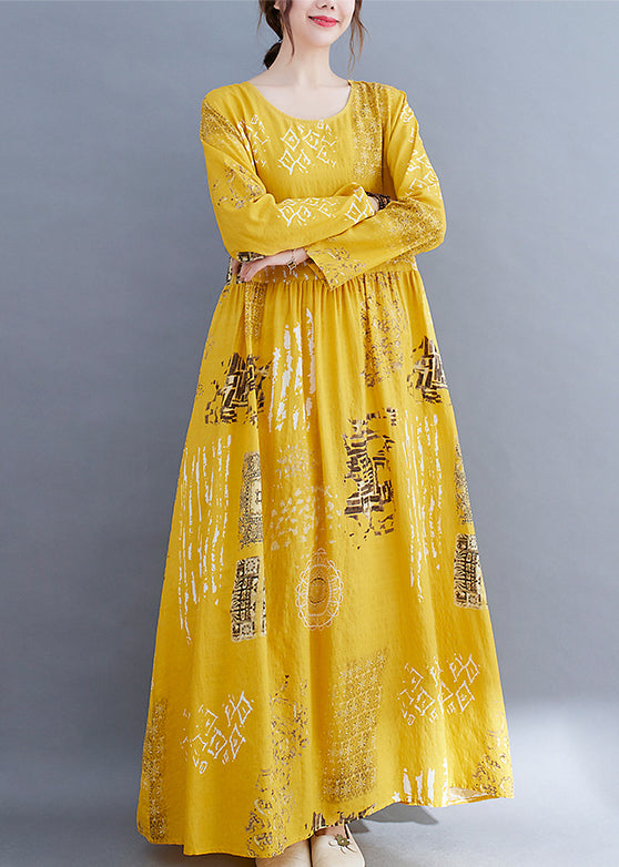 Yellow O-neck Wrinkled Print Cotton Loose Dress Long Sleeve