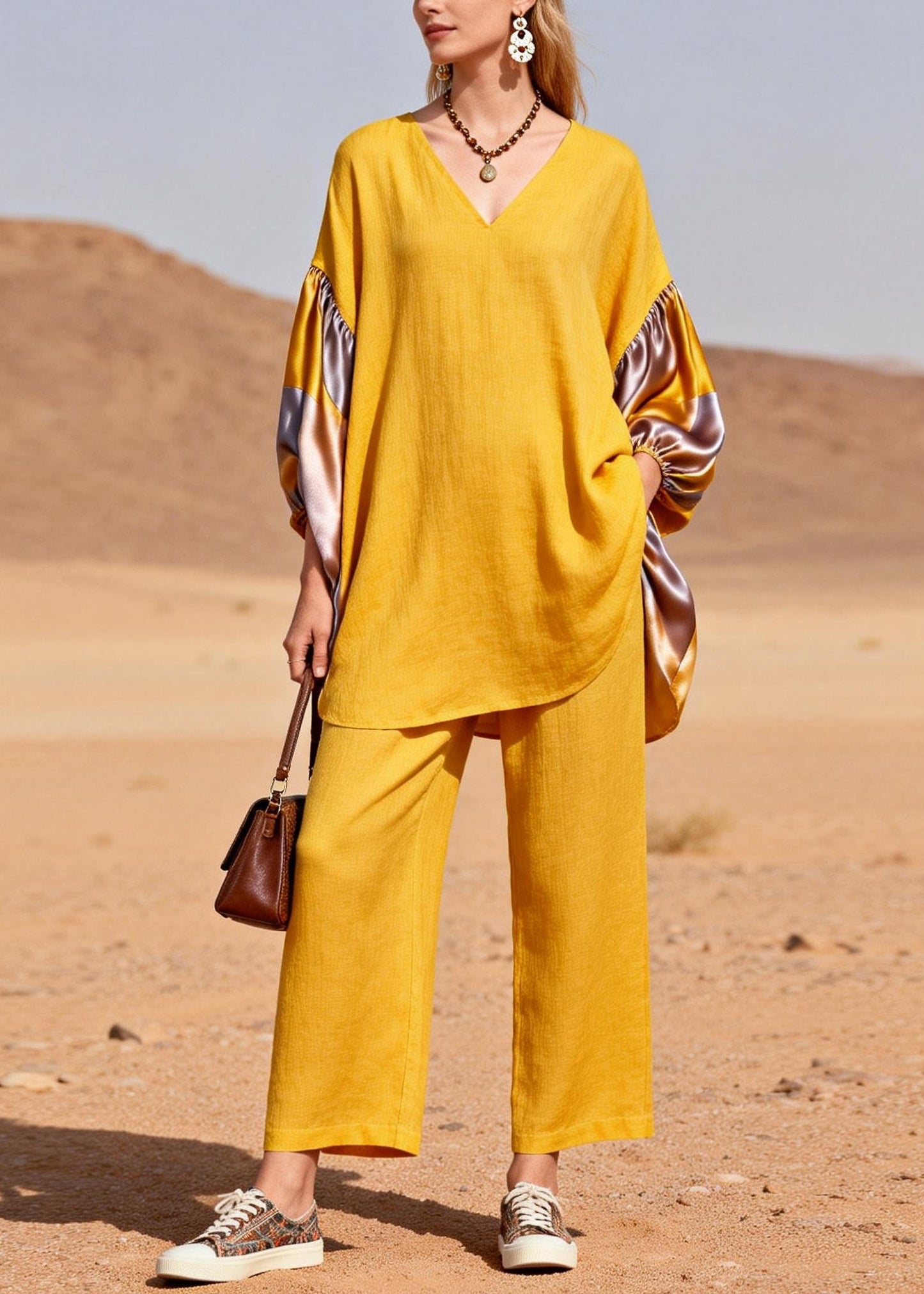 Yellow Oversized Patchwork Silk Cotton Two Pieces Set Spring