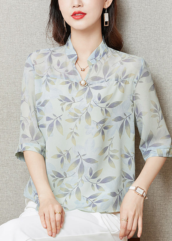 Yellow Stand Collar Print Chiffon Shirt Tops Half Sleeve