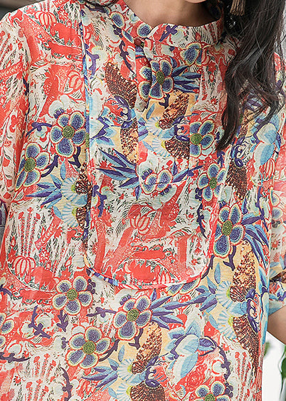 Red Print Silk Linen Clothes Work Outfits Stand Collar Pockets a Line Summer Dress