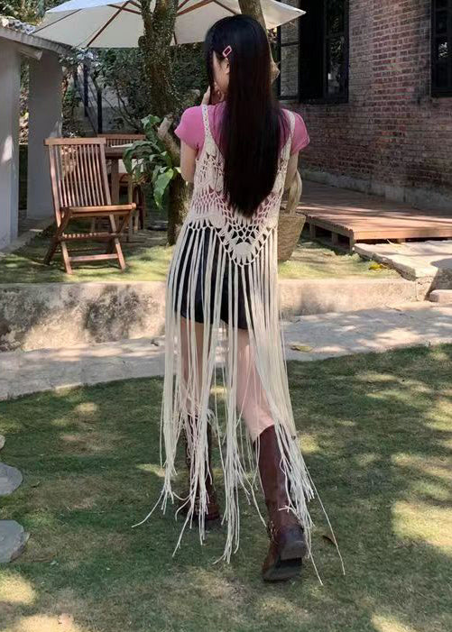 Apricot Tasseled Hollow Out Spaghetti Strap Dresses Summer