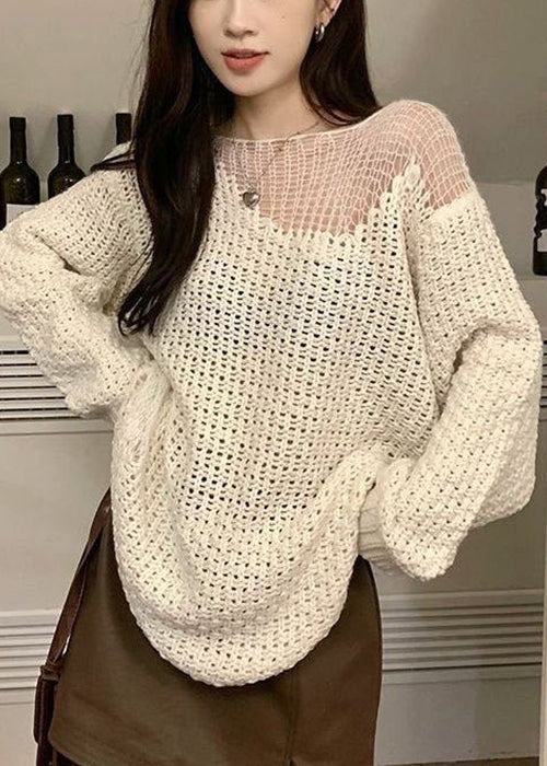 Beige Hollow Out Knit Sweater Spring