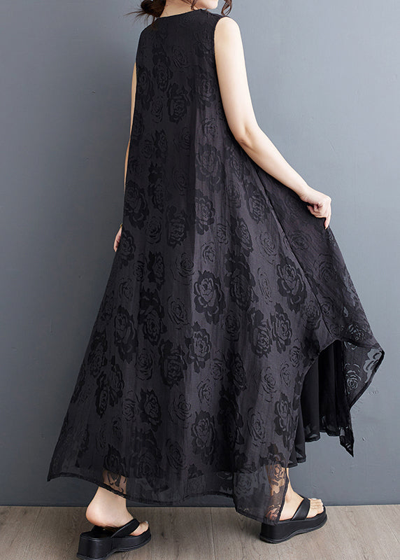 Black O-neck Asymmetrical Hollow Out Holiday Lace Maxi Dress Summer