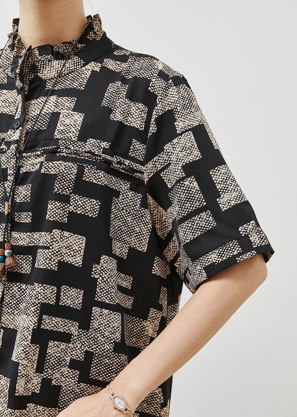 Black Stand Collar Print Chiffon Two Pieces Set Summer