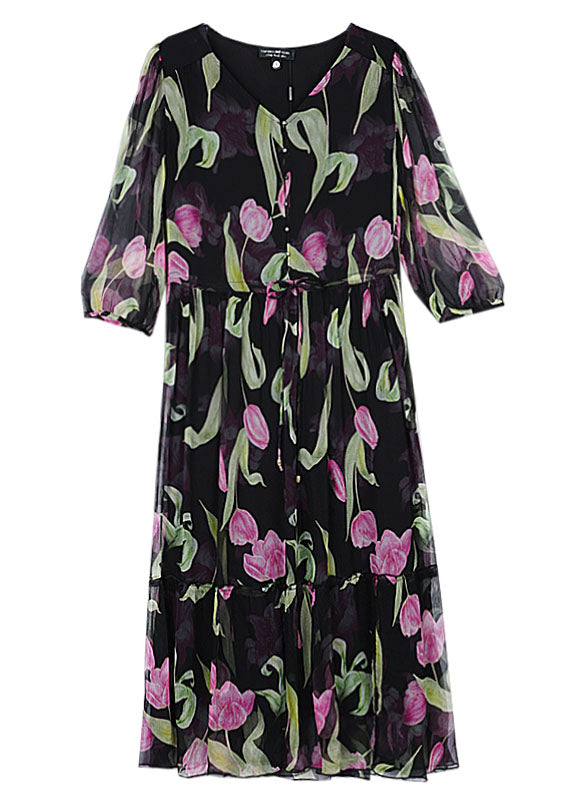 Black V Neck Print Drawstring Chiffon Dress Summer