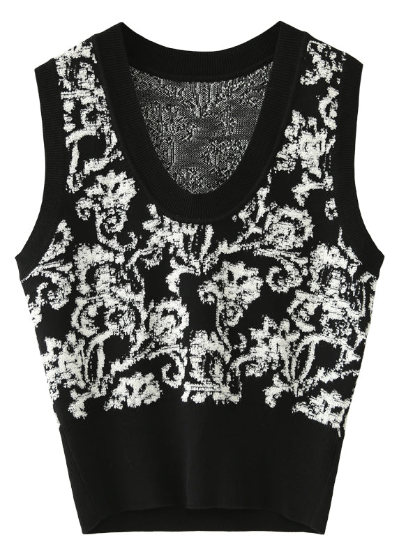Black White Print U Neck Knitted Cotton Sweaters Waistcoat Sleeveless