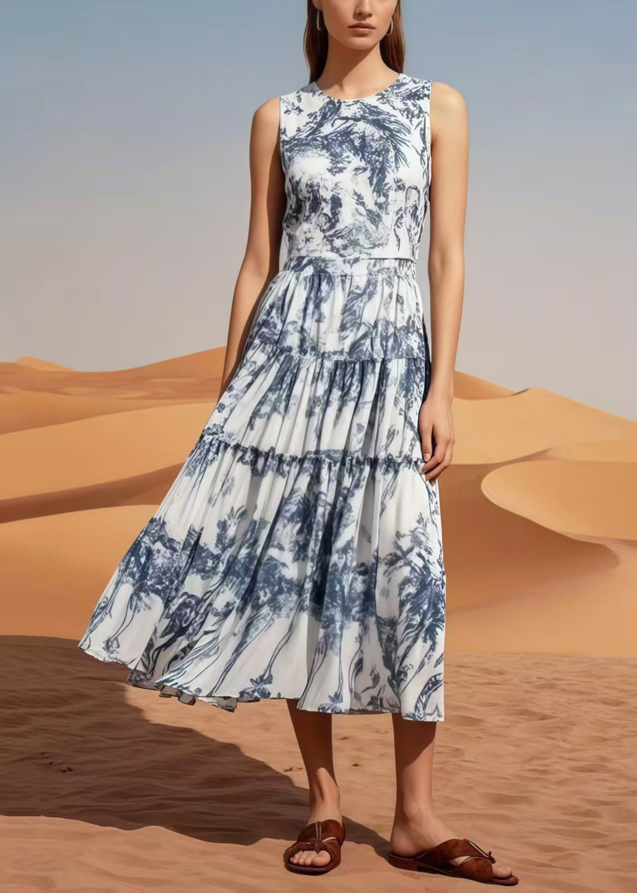 Exra Large Hem Print Chiffon Long Dress Sleeveless