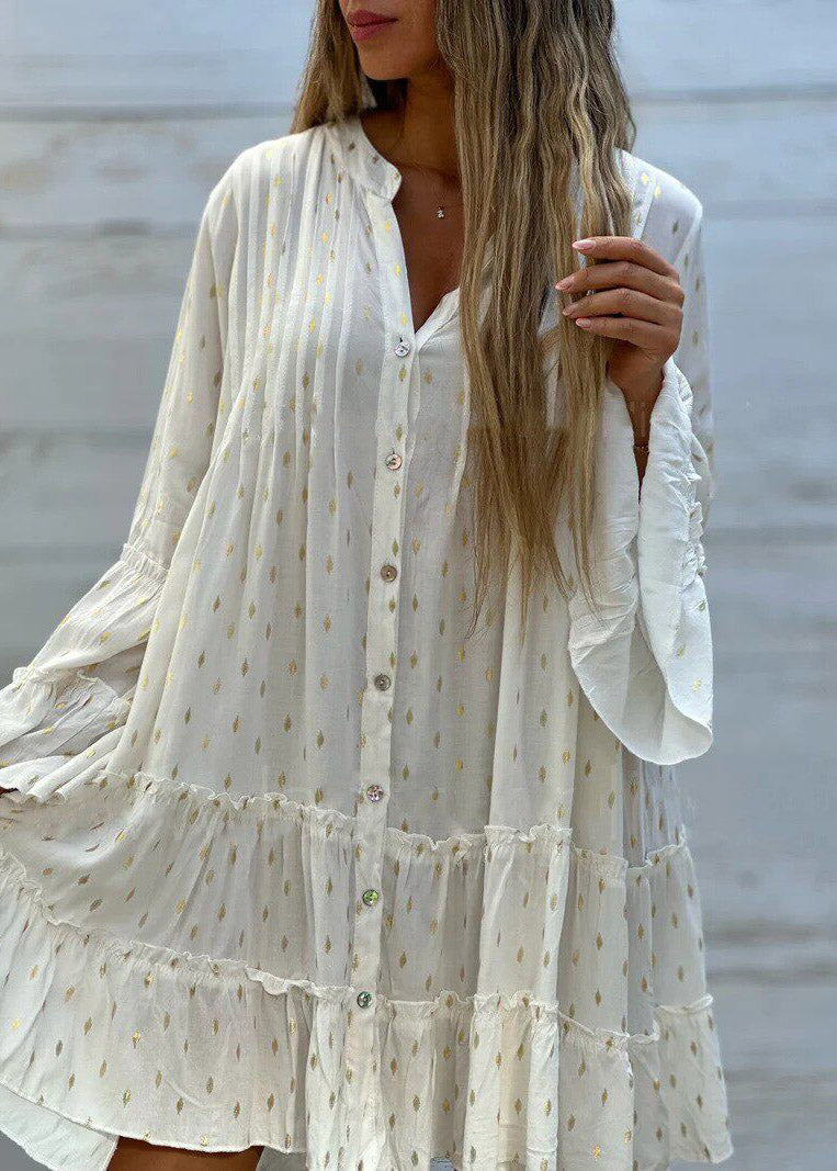 Green Ruffled Patchwork Mid Dress Flare Sleeve