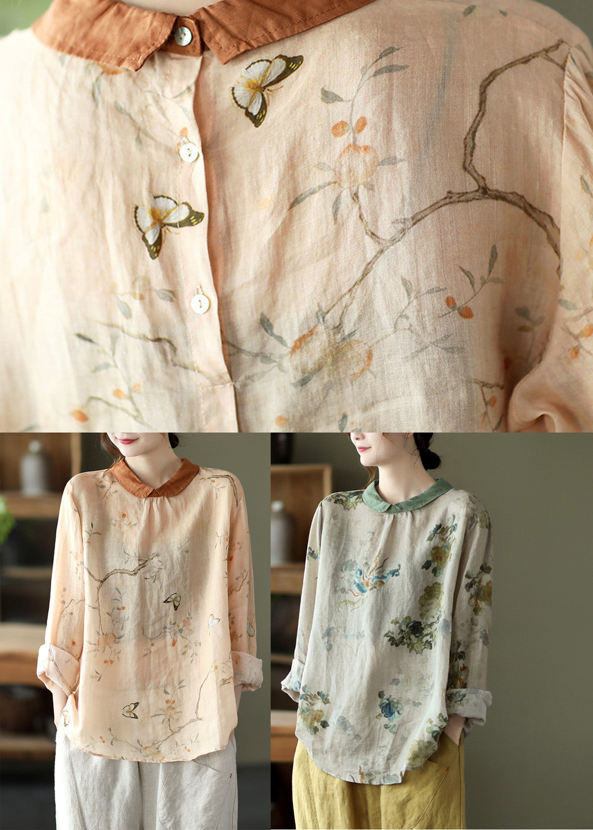 Grey Print Loose Ramie T Shirt Spring