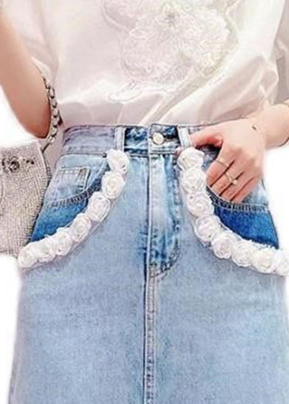 Light Blue Tassel Patchwork High Waist Denim Skirt Summer