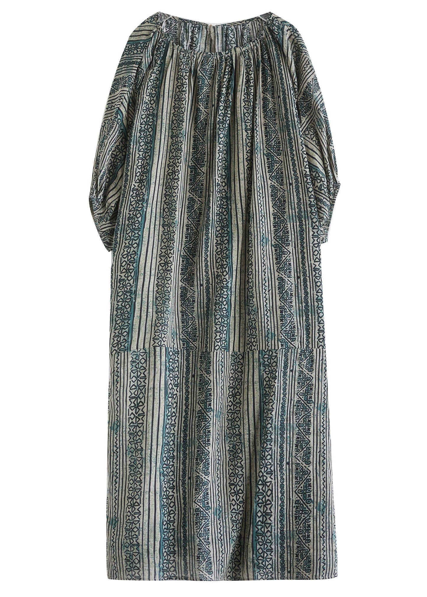 Loose Green O Neck Striped Cotton Long Dress Summer