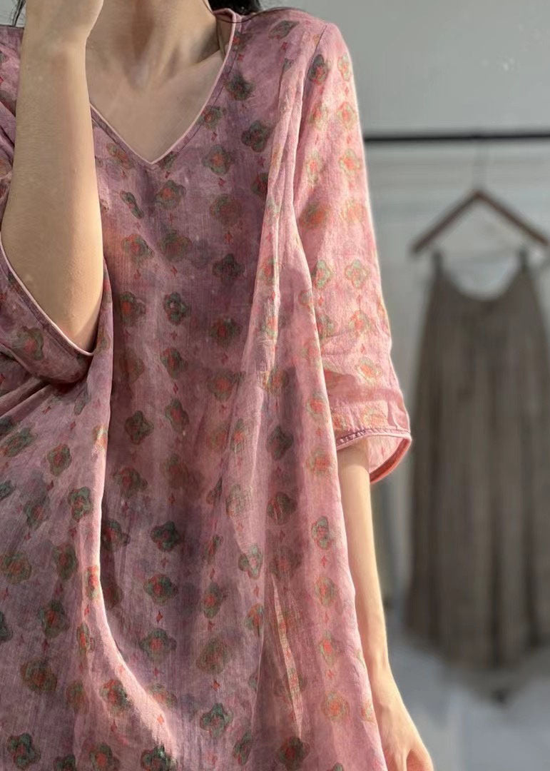 Pink V Neck Print Patchwork Linen Mid Dress Summer