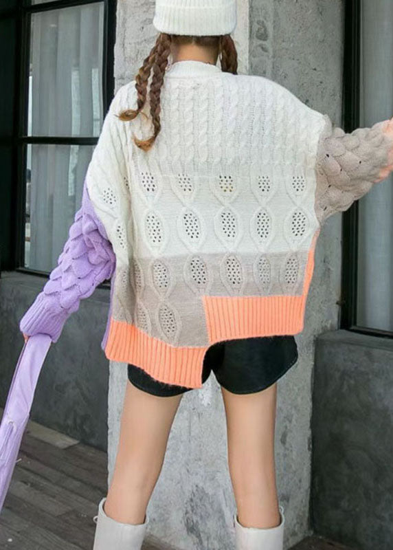Purple Loose Patchwork Fall Coat Sweater
