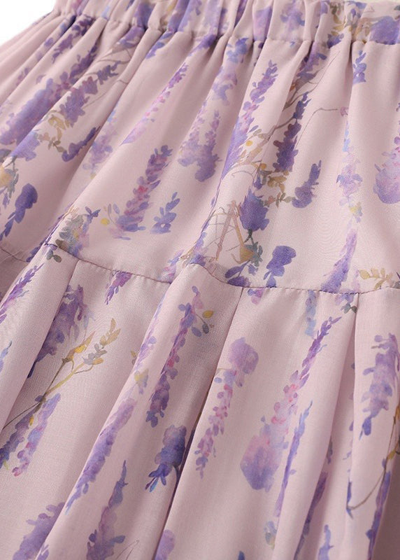 Purple Print Elastic Waist Cotton Skirt Summer