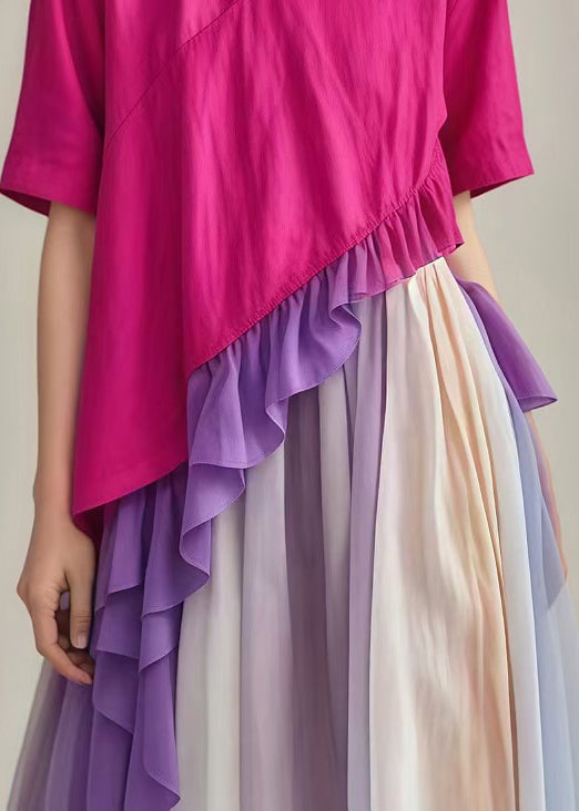 Rose Ruffled Patchwork Asymmetrical Design Cotton Dress Summer
