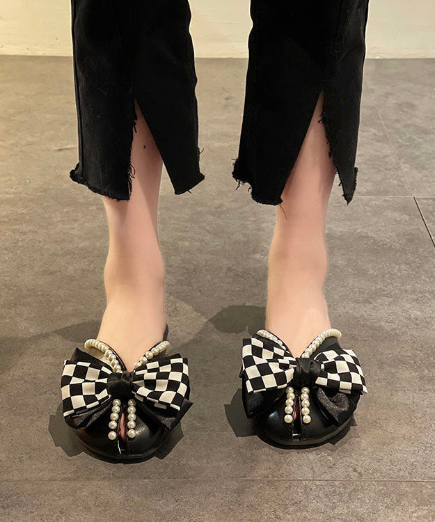 Slide Sandals Black Splicing Plaid Bow Nail Bead