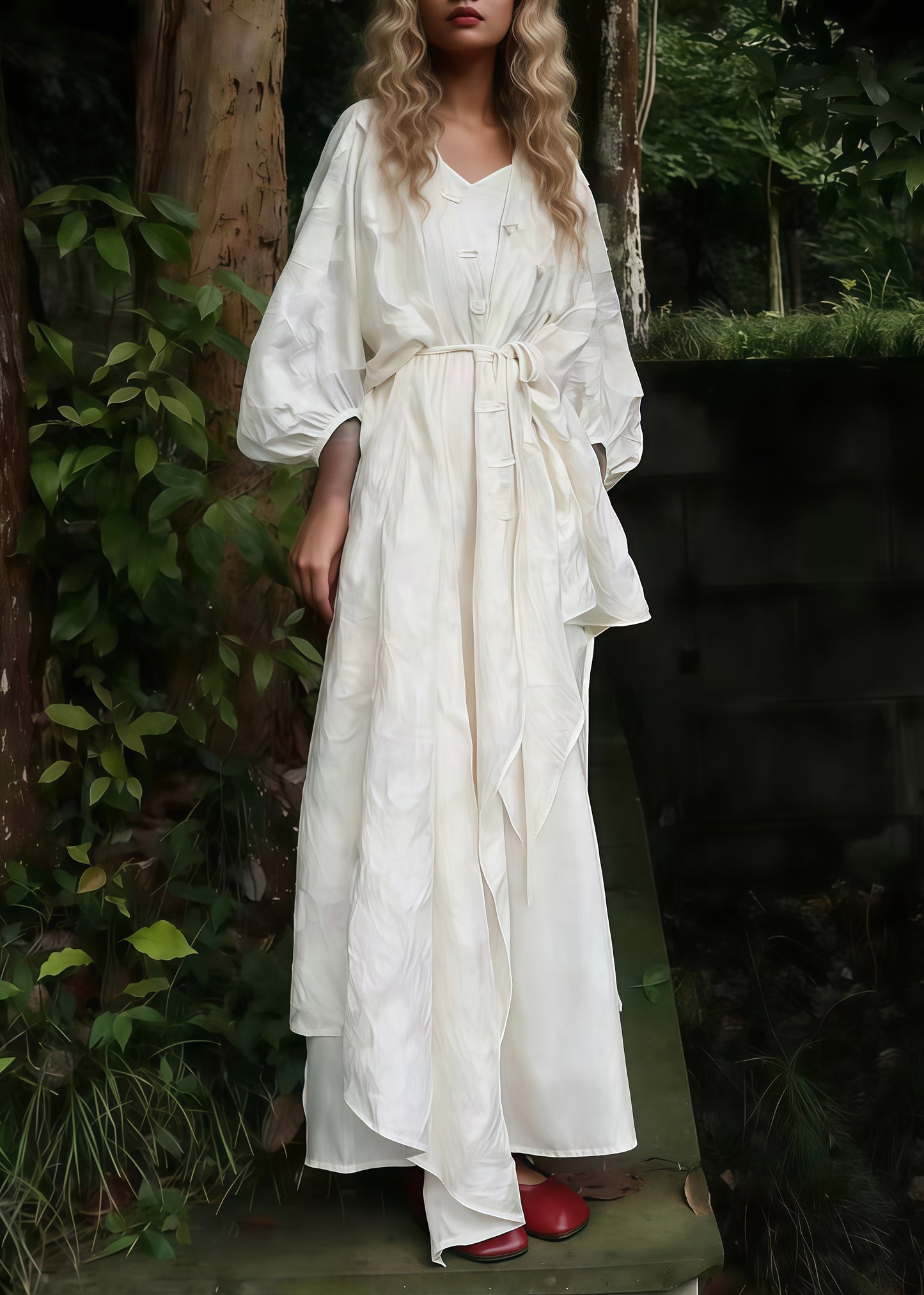 White Oversized Jacquard Cotton Cardigan and Long Dress 2 Piece Outfit Spring