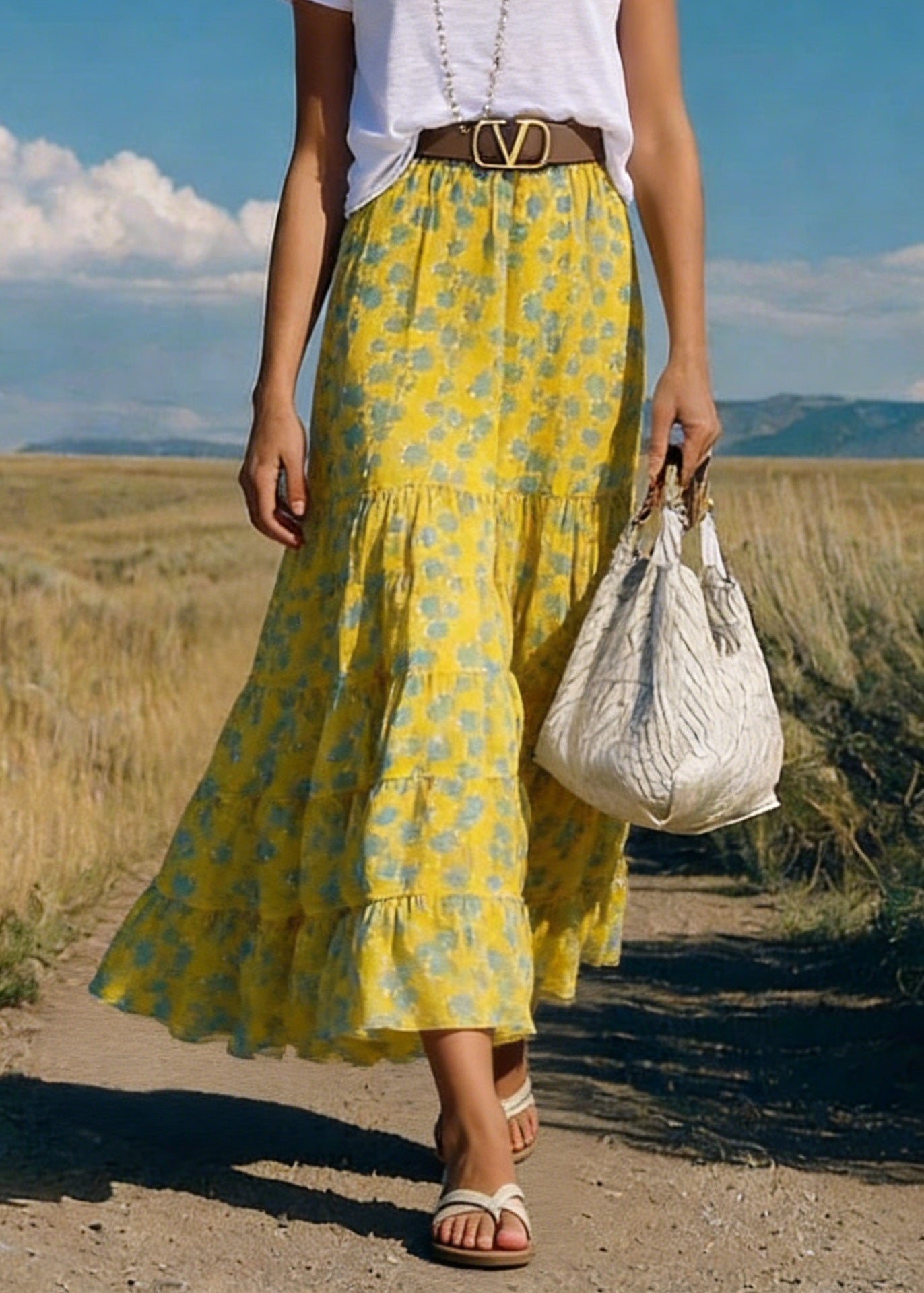 Yellow Print Wrinkled Chiffon Skirts Summer