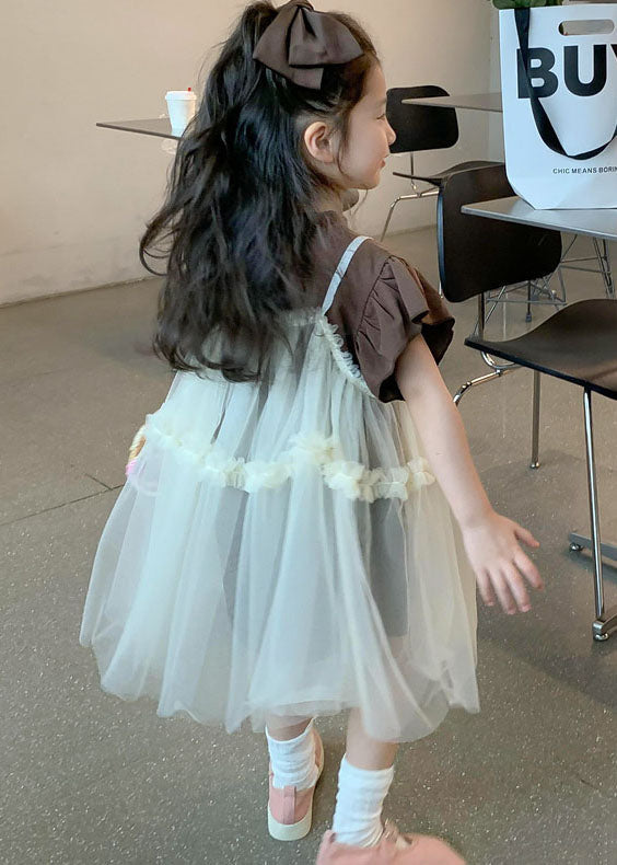 Boutique Beige Ruffled Patchwork Tulle Baby Dresses Two Pieces Set Summer