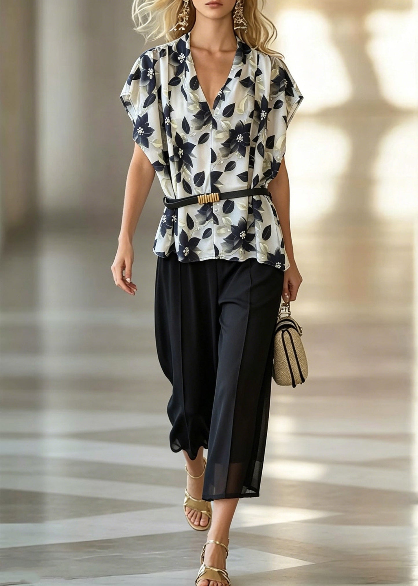 Boutique Black Print Sashes Chiffon Shirt and Crop Pants Two Piece Set Summer