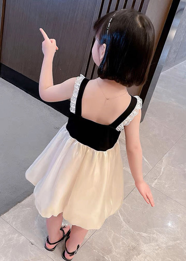 Boutique Black Square Collar Lace Patchwork Bow Silk Vacation Slip Mid Dress Summer