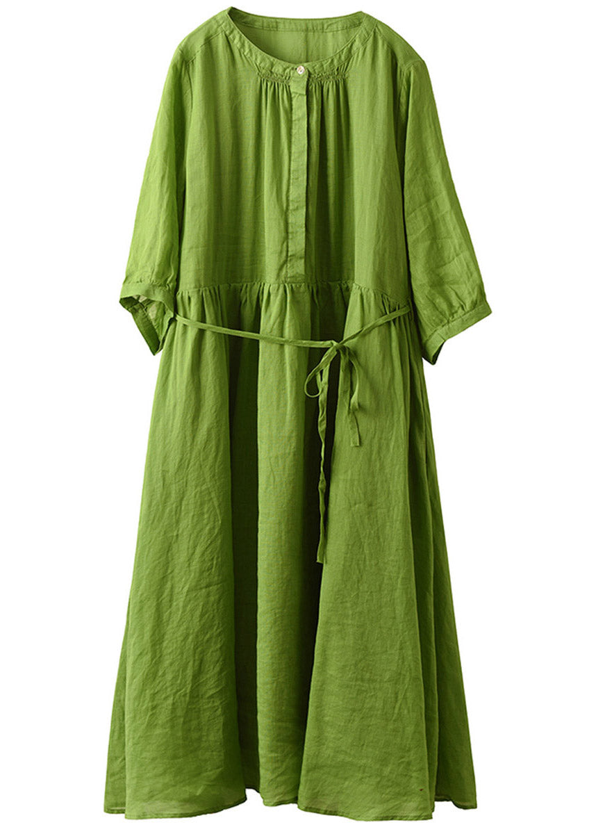 Boutique Green O-neck Patchwork Linen Long Dress Half Sleeve