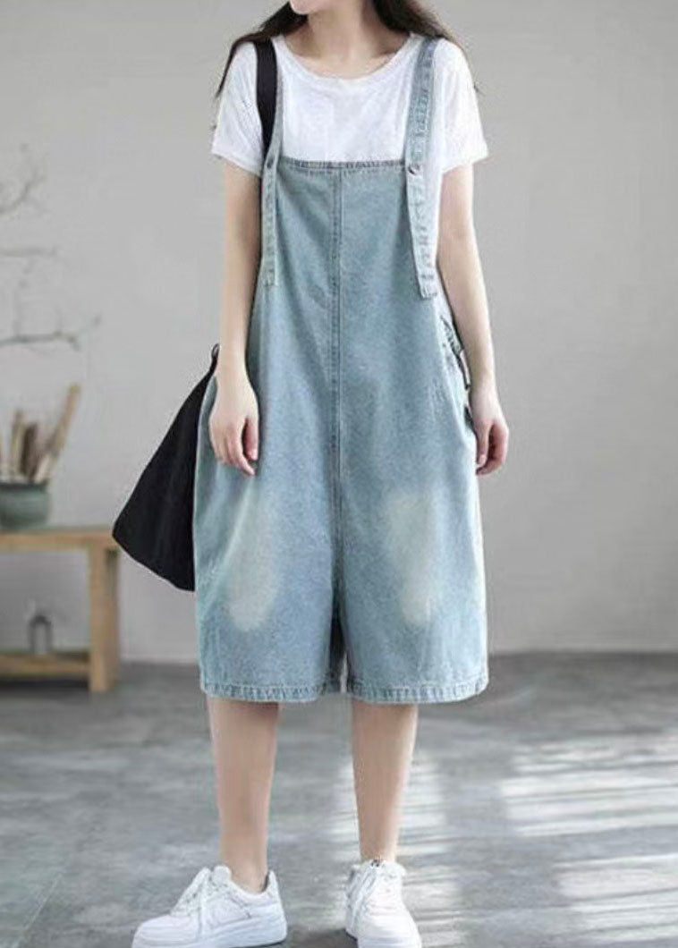 Boutique Light Blue Pockets Denim Half Jumpsuits Summer