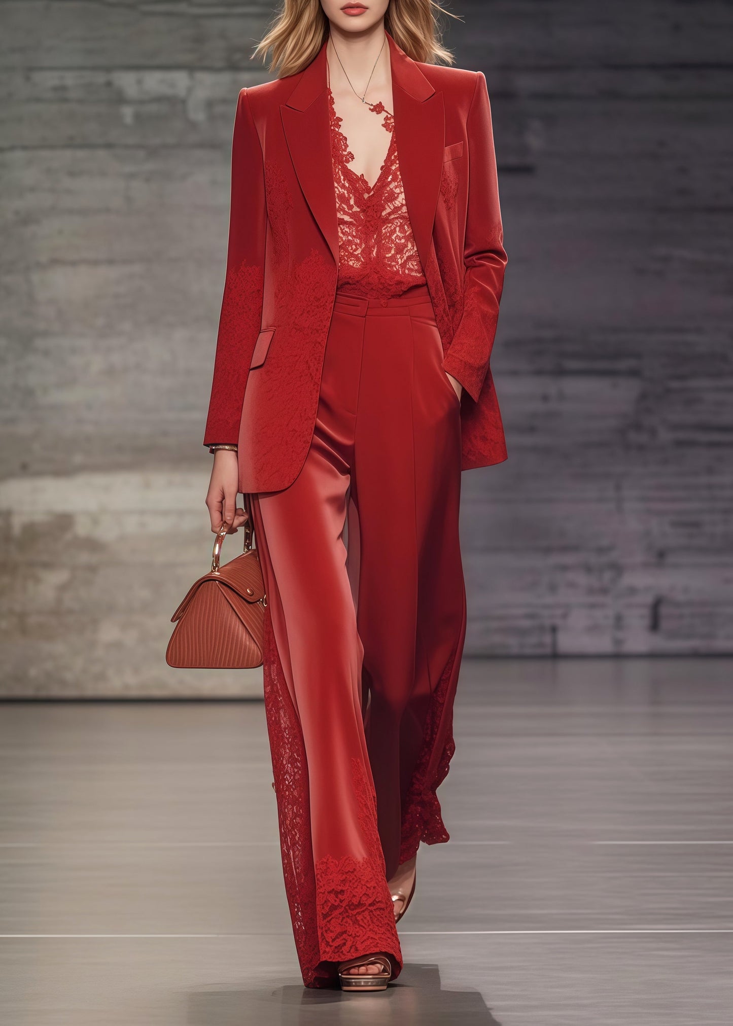 Boutique Red Oversized Patchwork Lace Spandex Coats and Straight Pantstwo Pieces Set Spring
