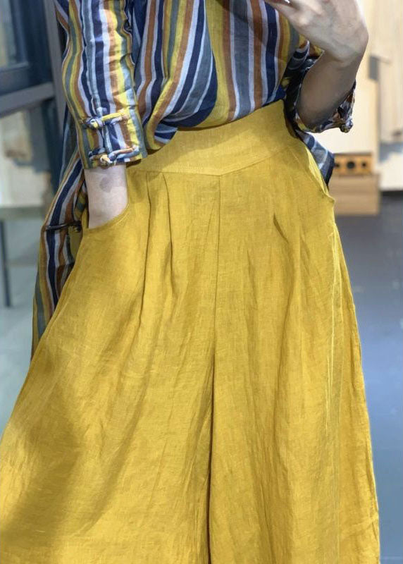 Boutique Yellow Pockets Wrinkled Cotton Pants Spring
