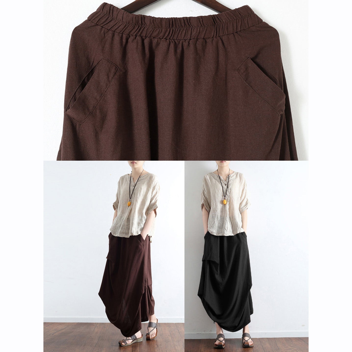 Brick Red Oversized Linen Skirts Asymmetrical Design Elastic Waist Long Skirt