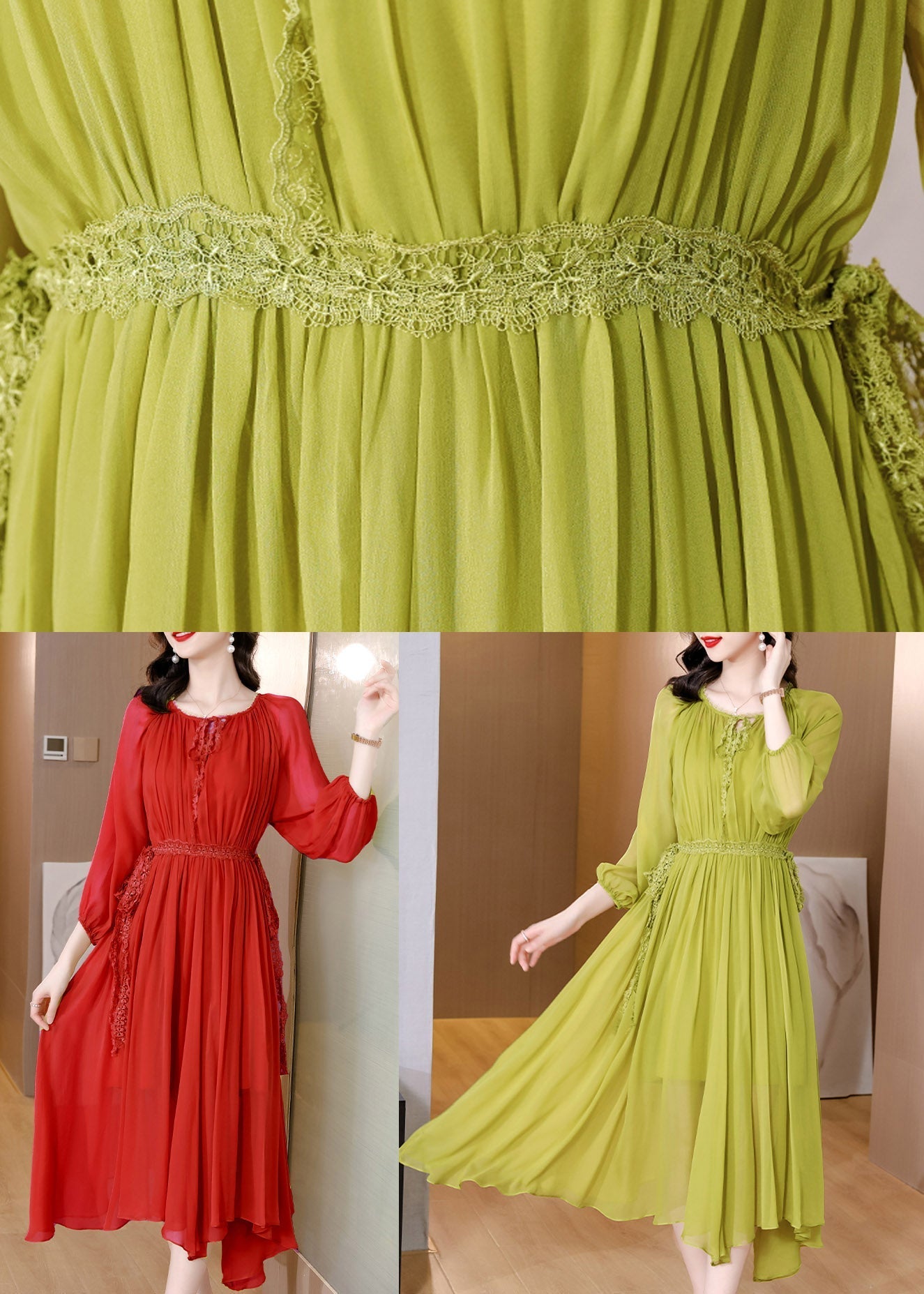 Brief Green O-neck Wrinkled Chiffon Long Dress Fall