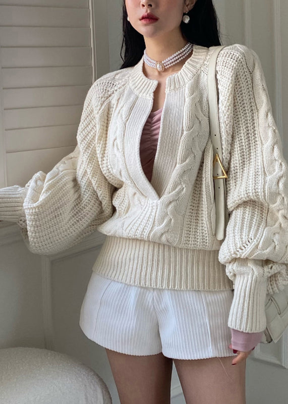 Brief White O-neck Cozy Cable Knit Sweaters Long Sleeve