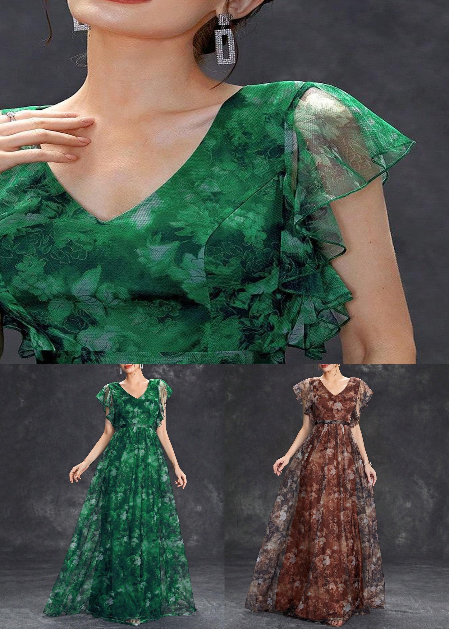 Brown V Neck Print Tulle Long Dress Short Sleeve